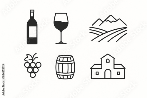 Chilean Wine Culture Icon Set Vector Illustration with Bottle, Glass and Vineyard Elements