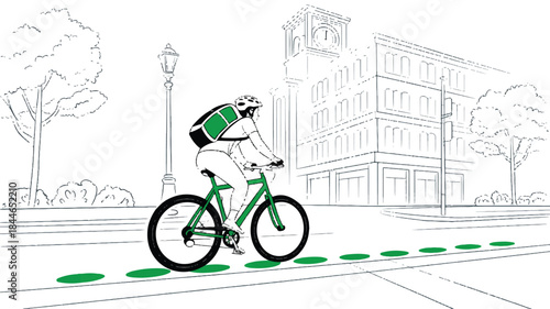 Cyclist riding bike on road with green markings