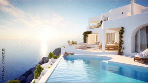 Luxury white house in Greek style, villa with pool overlooking sea at sunset, resort hotel on mountain top. Theme of property, Greece and travel