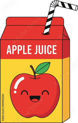 Cute apple juice carton vector illustration with smiling apple character, kids beverage packaging icon design