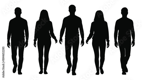 A group of five people walking forward depicted as a striking black silhouette