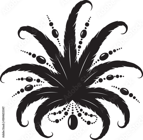 Intricate black feather and bead decorative flourish ornament