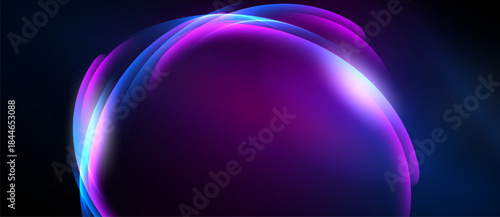 Abstract swirls, vibrant purple hues dominate. Light radiates from center, creating dynamic visual effect. Dark background enhances luminosity.