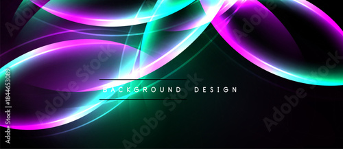 Abstract neon lights create flowing curves, vibrant colors. Dark background emphasizes bright energy, modern design elements.