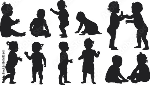 Baby silhouette vector collection, toddler sitting standing crawling poses, child playing outlines for design, nursery illustration bundle for artwork