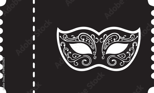 Black ticket with ornate white masquerade mask design