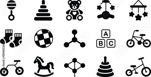 Baby and kids toy icons set, rattles, stacking rings, teddy bear, stars mobile, socks, balls, bicycles, ABC blocks for nursery design