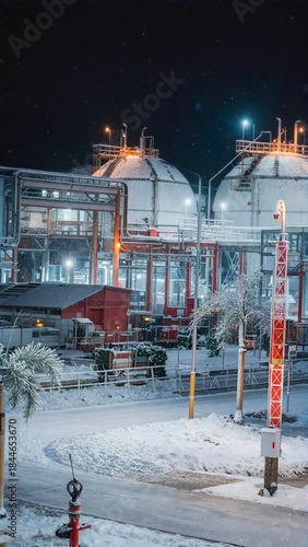 Industrial plants with large chemical storage tanks.