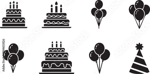 Party celebration icons birthday cakes balloons party hats festive elements for joyful events
