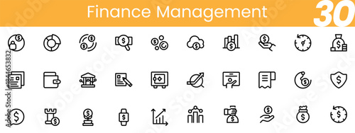 Clean finance management icon set including accounting tools, money symbols, budget planning, investment charts and financial control elements for digital projects.