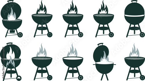 Barbecue BBQ Grill Icon Silhouettes Collection Set, Featuring Charcoal Kettles with Open Lids and Burning Fire Flames, Perfect for Outdoor Summer Cooking Vector Illustration.