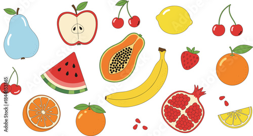 Colorful hand drawn fruit vector illustration set including tropical and citrus fruits, playful food icons collection
