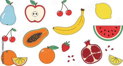 Hand drawn fruit vector set with banana apple pear citrus watermelon and tropical fruits, colorful food illustrations