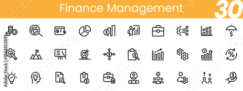 Clean finance management icon set including accounting tools, money symbols, budget planning, investment charts and financial control elements for digital projects.