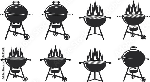 Barbecue grill vector set, charcoal BBQ icons, flaming grill illustrations for cookout, picnic, summer party, outdoor cooking graphic pack