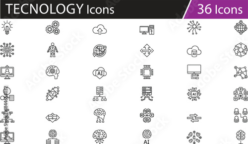 Artificial intelligence icon set with neural networks, cloud computing, data science, machine learning, and technology concepts in black and white vector style