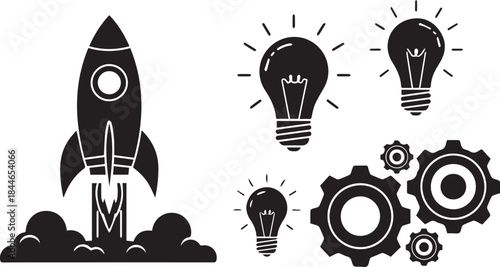 Rocket launching with bright idea lightbulbs and gears symbolizing innovation and startup success