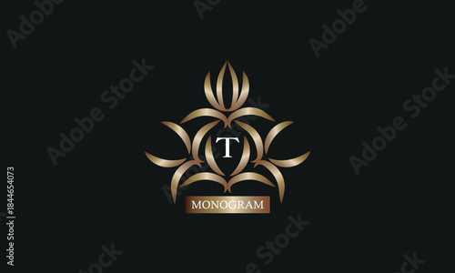 Elegant monogram design template with letter T in the center and place for text. Company brand design, emblem, invitation, label, business sign.