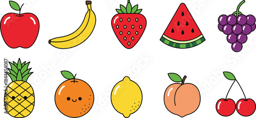 Cute fruit icons vector set including apple banana strawberry watermelon grapes and more, colorful cartoon food collection