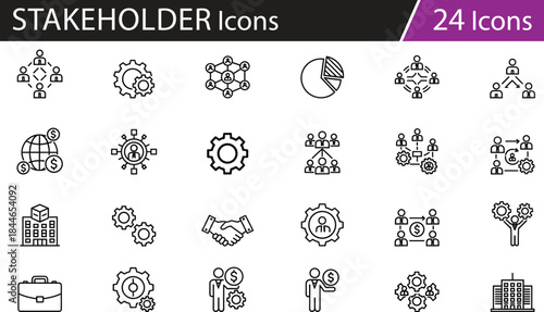 Business icons set with teamwork, finance, strategy, global operations, corporate structure, analytics, partnership, and management concepts in black and white vector style, ideal for professional use
