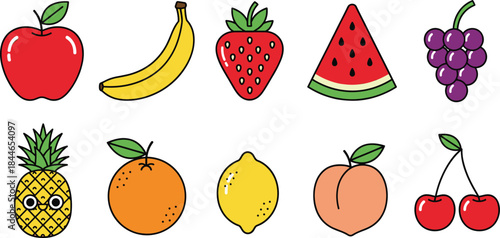 Colorful fruit icons vector set including apple banana strawberry watermelon grapes and tropical fruits cartoon collection
