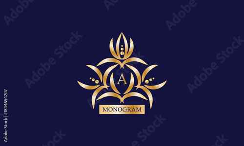 Monogram design template with letter A in the center and place for text. Elegant company branding, emblem, invitation, label, business sign.