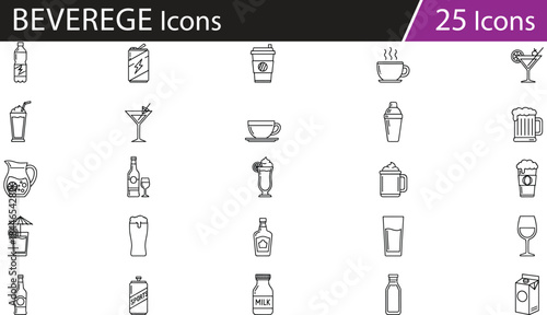 Drink icon set with coffee, cocktails, smoothies, wine, beer, juice, soda, tea, and milk in black and white vector style