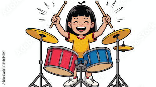 Happy young girl playing drums