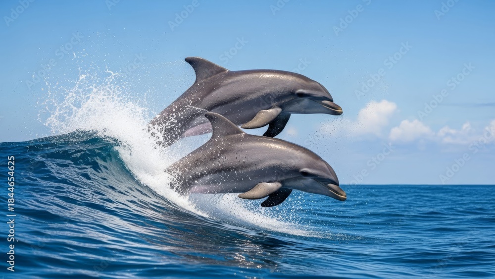 Obraz premium Two Bottlenose Dolphins Above a Bright Blue Ocean Wave