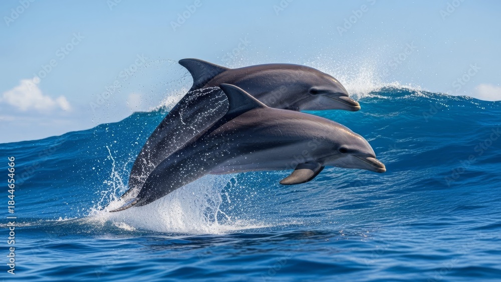 Fototapeta premium Two Bottlenose Dolphins Above a Bright Blue Ocean Wave
