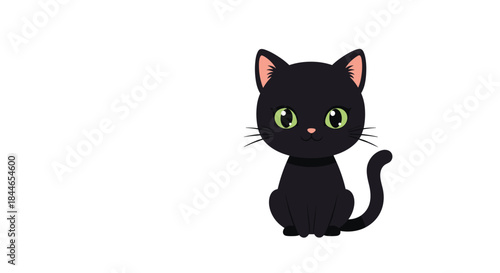 Charming black cat illustration shows a cute cat with bright green eyes sitting gracefully with a curved tail and whiskers on a clean white background.