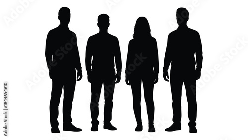 Four people standing together in a row displaying a stark contrasting silhouette
