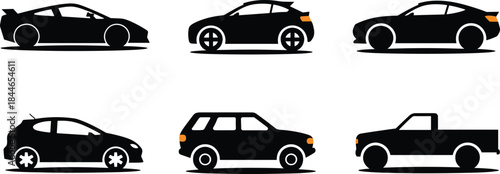 Car silhouette vector set, sports car, hatchback, SUV and pickup truck icon collection for automotive branding, transport illustration graphic pack