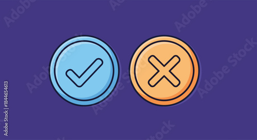 Two circular action icons on a purple background showing a blue check mark and an orange cross symbolizing approval and rejection in a minimalist style.