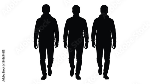 Three figures walking forward in a stark black presentation a compelling silhouette