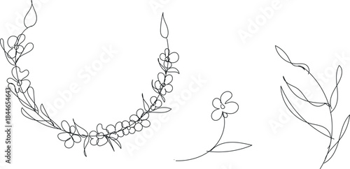 Line drawing of floral elements including a wreath and leaves