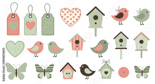 Pastel decorative tags hearts birdhouses birds butterflies and charming garden icons come together in a whimsical spring collage perfect for crafts and decor.