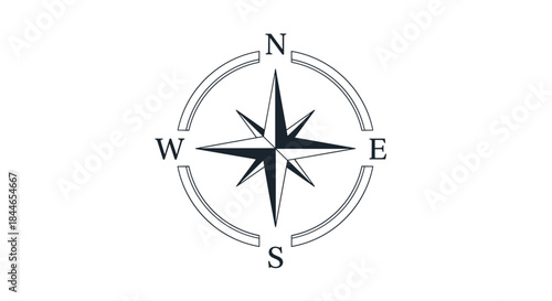 Elaborate compass rose featuring a bold central starburst showing north east south and west inside a split circular frame for a classic navigation symbol design.