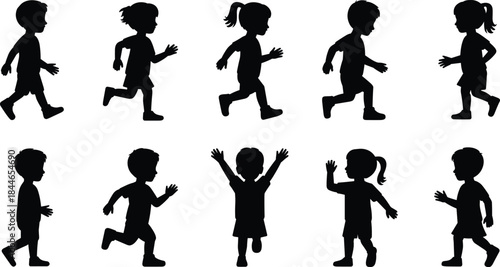 Children running silhouettes, playful kids in motion, boys and girls active poses, child movement vector set for sports, fun and activity design