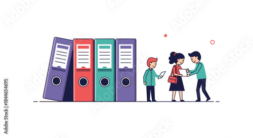 Three colorful binders stand upright beside coworkers sharing documents and discussing a project in a bright office scene.