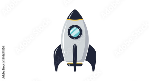 Rocket ship illustration with a compact silver body navy fins and a blue round window floating in a playful retro space design.