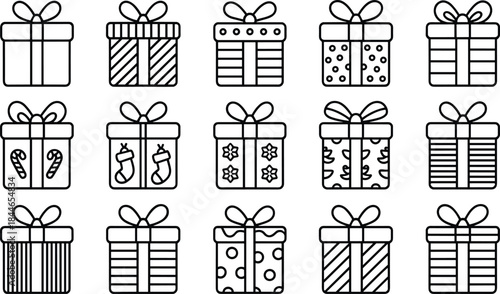 Christmas Holiday Gift Boxes Line Icons Collection Set, Featuring Festive Wrapping Patterns, Bows, Candy Canes, Stockings, and Snowflake Designs, Outline Vector Illustration.