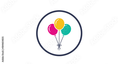 Three bright balloons float inside a circular ring forming a cheerful celebration illustration suitable for party themed designs.