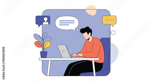 Person sits at a white desk and types on a laptop while colorful chat bubbles and a potted plant decorate a bright abstract workspace.