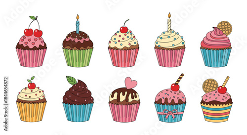 Colorful cupcakes with cherries sprinkles and rich chocolate and vanilla frostings sit in a cheerful bakery display with pastel wrappers and playful toppings.