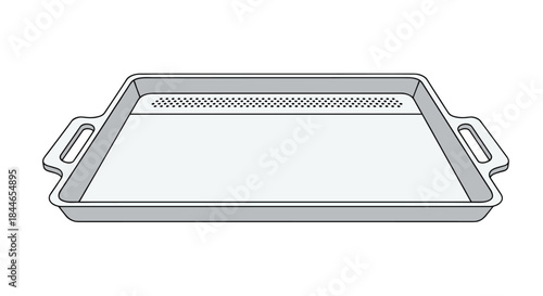 rectangular stainless steel baking tray with side handles and a perforated vent area at one end for draining fats during cooking.