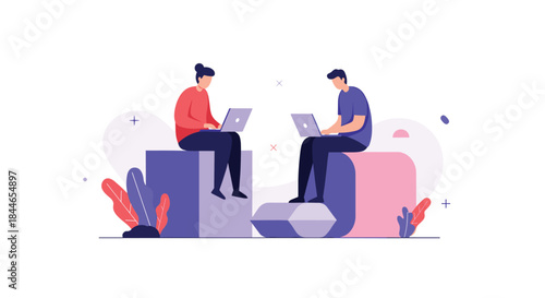 Two people sit on colorful geometric blocks and work on laptops in a calm collaborative space that conveys remote teamwork and creative problem solving.