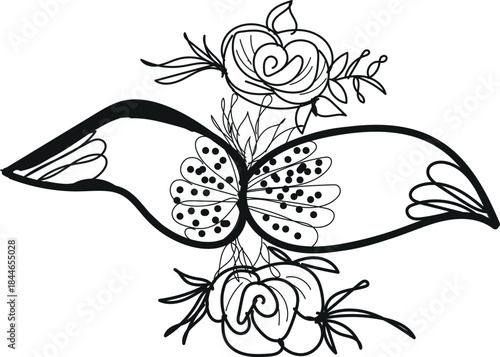 Black and white illustration of a bird with a butterfly and flowers