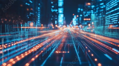Digital road in urban landscape with flowing light trails. High-speed data transfer concept