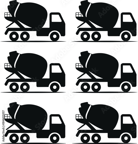 Concrete Mixer Truck Heavy Construction Machinery Silhouettes Set, Featuring Cement Trucks Used in Building, Engineering, and Industrial Transportation, Vector Illustration Collection.